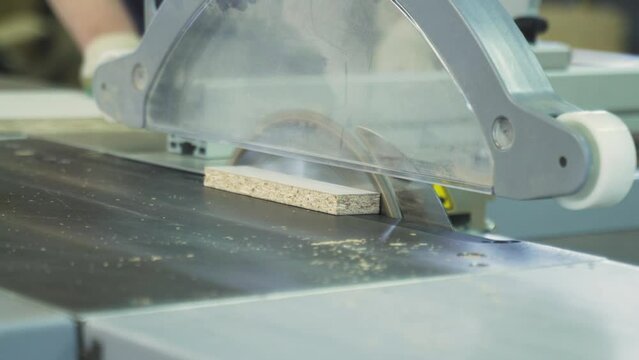 A circular saw cuts through a hardboard wood panel. Woodworking. Furniture manufacturing.