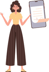 The woman is holding a document in her hand. Smart contract concept. Data protection. Modern trendy style.