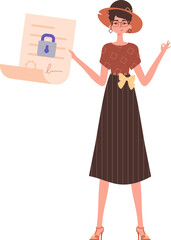 The woman is holding a document. Data protection concept. Smart contract. Trend style character.