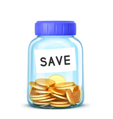 Coins in glass jar with text on the label SAVE. Money saving concept