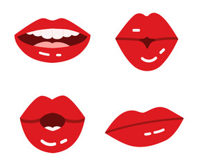 Cartoon lips. Glossy red seductive lipstick for ladies. Kissing, smiling with teeth, surprised and hesitating expressions