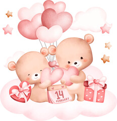 Cute couple bears on the cloud. Watercolor illustration.