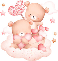 Cute couple bears on the cloud. Watercolor illustration.