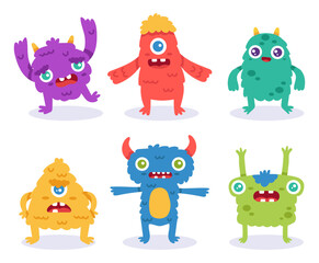 Cartoon monster characters. Colorful funny creatures in different positions. Spooky furry animals for halloween
