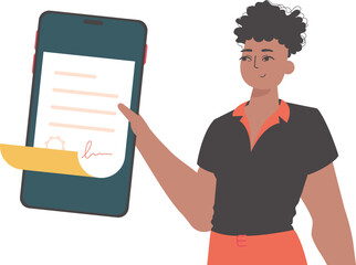 The guy is holding a document. Smart contract. Data protection. Trend style character.