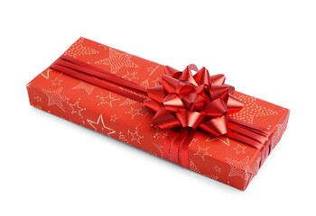 Christmas gift box with red bow on white background