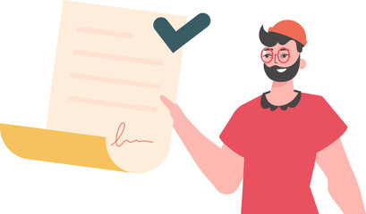 The guy is holding a contract or document. Data protection. Smart contract. Modern style character.