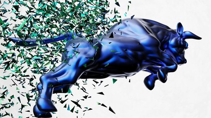 Naklejka premium Metallic blue bull with green particles in dramatic contrasting light representing financial market trends under black-white background. Concept 3D CG of stock market.