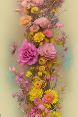 Pink yellow fantasy flowers with pleasant background. Gift card design. Greeting card design. Flower element for design