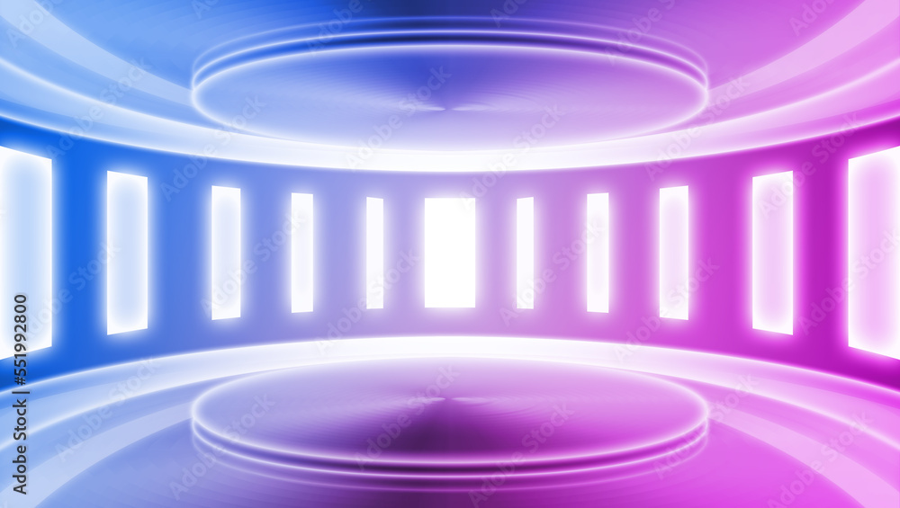 Poster 3d rendering of neon metal texture of empty stage in the future of science and technology spatial ba