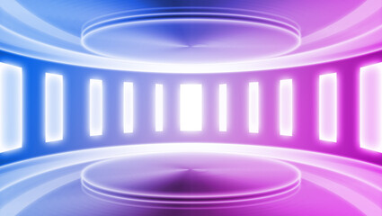 3D rendering of neon metal texture of empty stage in the future of science and technology spatial background