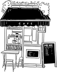 Small Cafe coffee shop Restaurant business in Town Hand drawn line art illustration