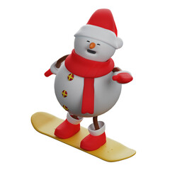  3D illustration. Illustration of a 3D Snowman character trying out a skateboard. wear cool scarves and hats. showing a cute happy laugh. 3D Cartoon Character