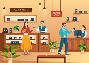 Fototapeta premium Watches Store with Various Models, Analog and Digital in Flat Cartoon Hand Drawn Templates Illustration