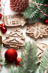 Christmas gingerbread cakes among the festive decor. New Year's traditional pastries closeup