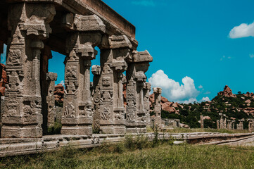 The Vittala Temple or Vitthala Temple in Hampi Pillars architecture . unesco world heritage site. 