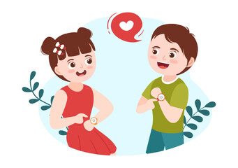 Watches Store with Kids Wearing Digital Watch in Flat Cartoon Hand Drawn Template Illustration