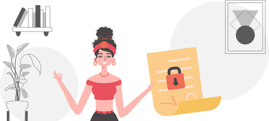 Data protection concept. Smart contract. The girl is holding a contract or a document.