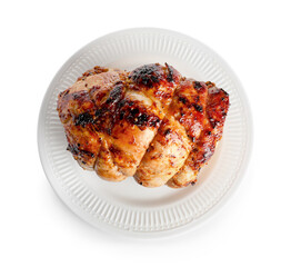 Plate with tasty Christmas ham on white background