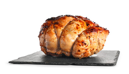 Board with tasty Christmas ham on white background