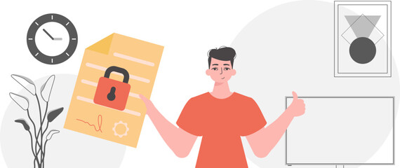 Smart contract concept. Data protection. The man is holding a document.