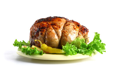 Plate with tasty Christmas ham, lettuce, pineapples and pepper on white background