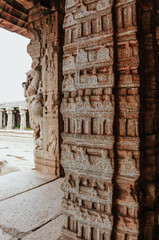 The Vittala Temple or Vitthala Temple in Hampi Pillar carving architecture . unesco world heritage site. 