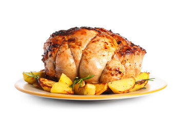 Plate with tasty Christmas ham and potato on white background