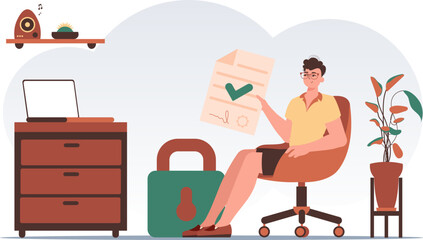 Data protection concept. Smart contract. The guy sits in a chair and holds a document in his hands. Modern trendy style.