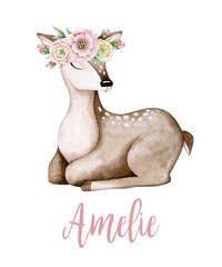Watercolor illustration poster with baby deer in wreath and name Amelie. Isolated on white background. Hand drawn clipart. Perfect for card, postcard, tags, invitation, printing, wrapping, poster.
