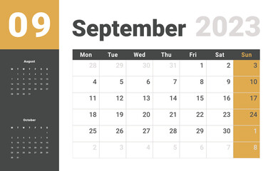Monthly Calendar Template of september 2023. Vector layout simple calendar with week start monday.