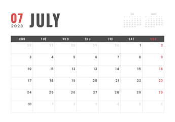 Monthly Calendar Template of july 2023. Vector simple gray grid layout for wall or desk calendar with week start on Monday for print