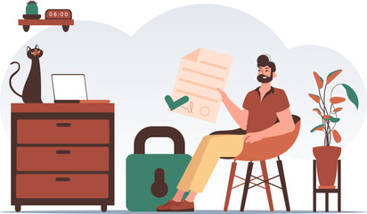 Data protection concept. Smart contract. A man sits in a chair and holds a document in his hands. Trend style character.