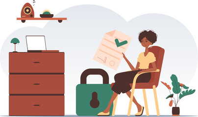 Data protection concept. Smart contract. A woman sits in a chair and holds a document in her hands. Modern trendy style.