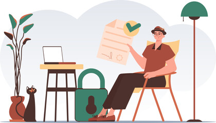Data protection concept. Smart contract. The guy sits in a chair and holds a document in his hands. Modern style character.