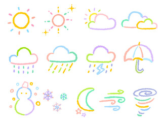 Weather icon Colorful simple and cute hand drawn line drawing illustration set / 天気のアイコン カラフルでシンプルでかわいい手描きの線画イラストセット