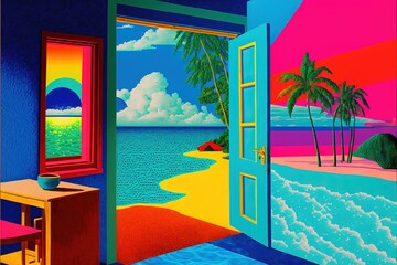 Beach house interior with wide open doors and windows with a view over the beach and summer ocean. Tropical paradise vacation in vibrant colorful pop art.