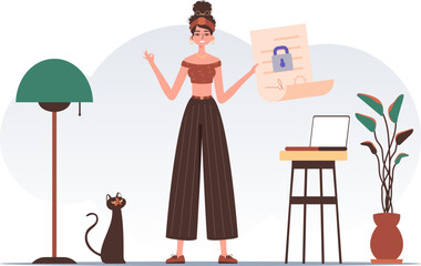 Data protection concept. Smart contract. The woman is holding a document. Modern trendy style.