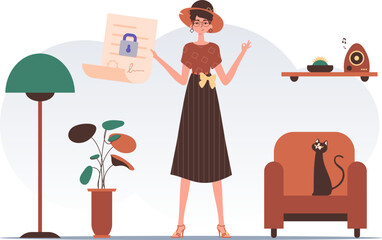 Data protection concept. Smart contract. A woman is holding a contract or document. Modern style character.