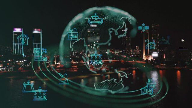 Modern cityscape and communication network concept. Telecommunication. IoT Internet of Things. ICT Information communication Technology. 5G. Smart city. Digital transformation. High quality 4k footage