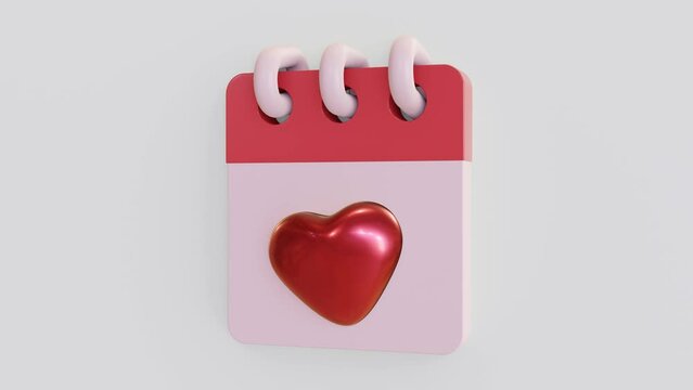 Seamless 3D Render animation of valentine calendar, with red heart shape in front of white paper, slightly turning arround.