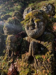 Ancient moss covered stone relics looking like little children.