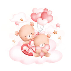 Watercolor Illustration Cute couple bears on cloud 