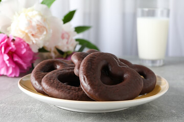 Concept of tasty bakery, gingerbread cookies in chocolate, close up
