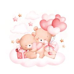 Watercolor Illustration Cute couple bears on cloud 