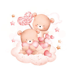 Watercolor Illustration Cute couple bears on cloud 