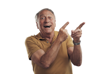 PNG Studio shot of an elderly man pointing in at something and smiling 