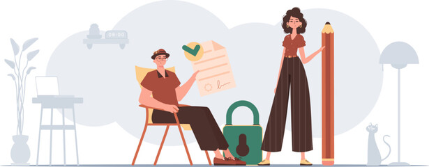 A man and a woman sign a contract. The concept of signing a smart contract. Data protection.