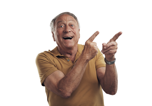 PNG Studio shot of an elderly man pointing in at something and smiling  - Powered by Adobe