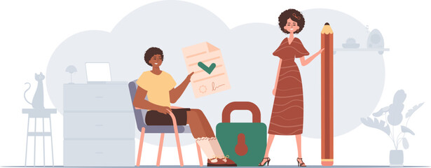 The guy and the girl sign a contract. The concept of signing a smart contract. Data protection. Modern style character.